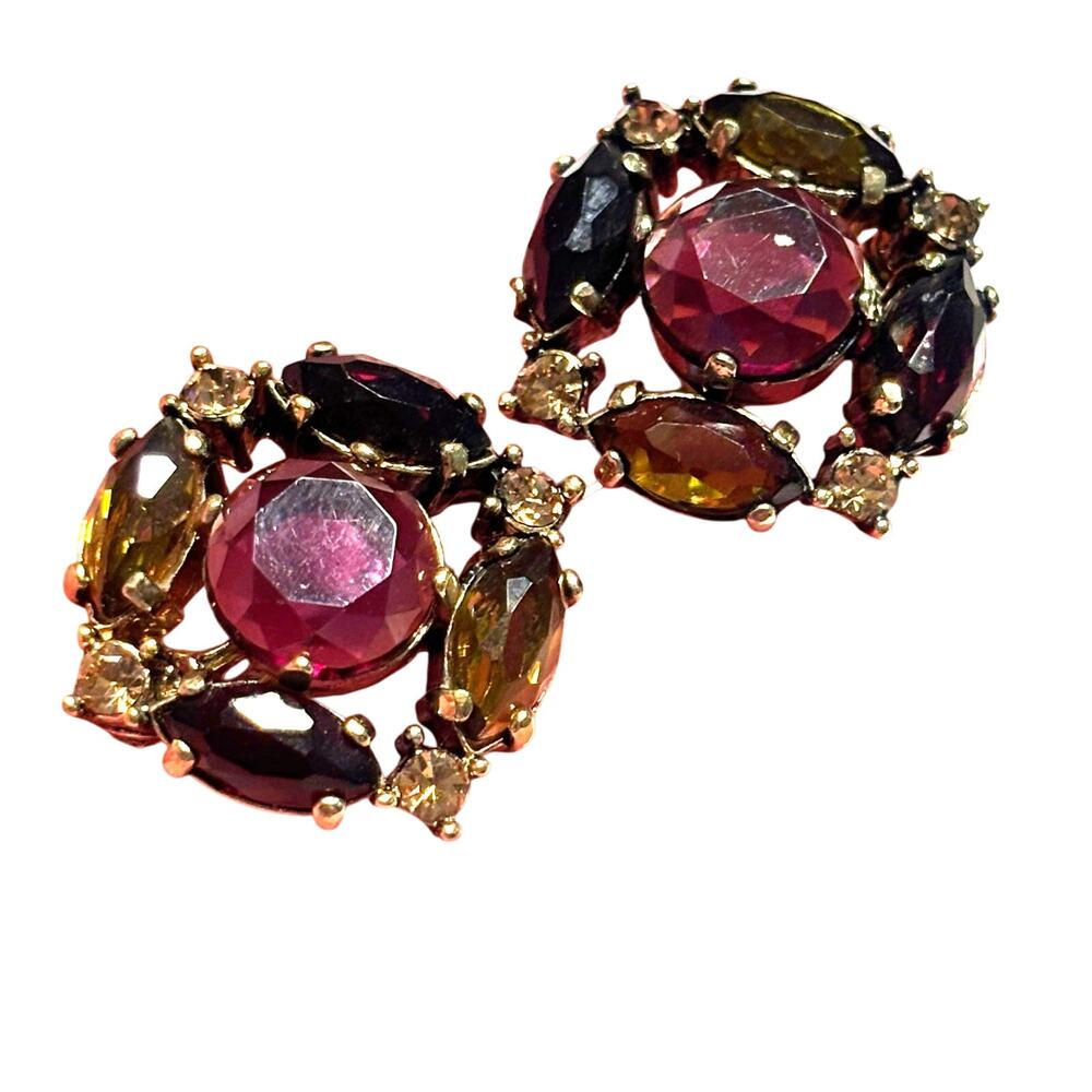 Vintage Monet clip on earrings goldtone & colored green & purple rhinestones